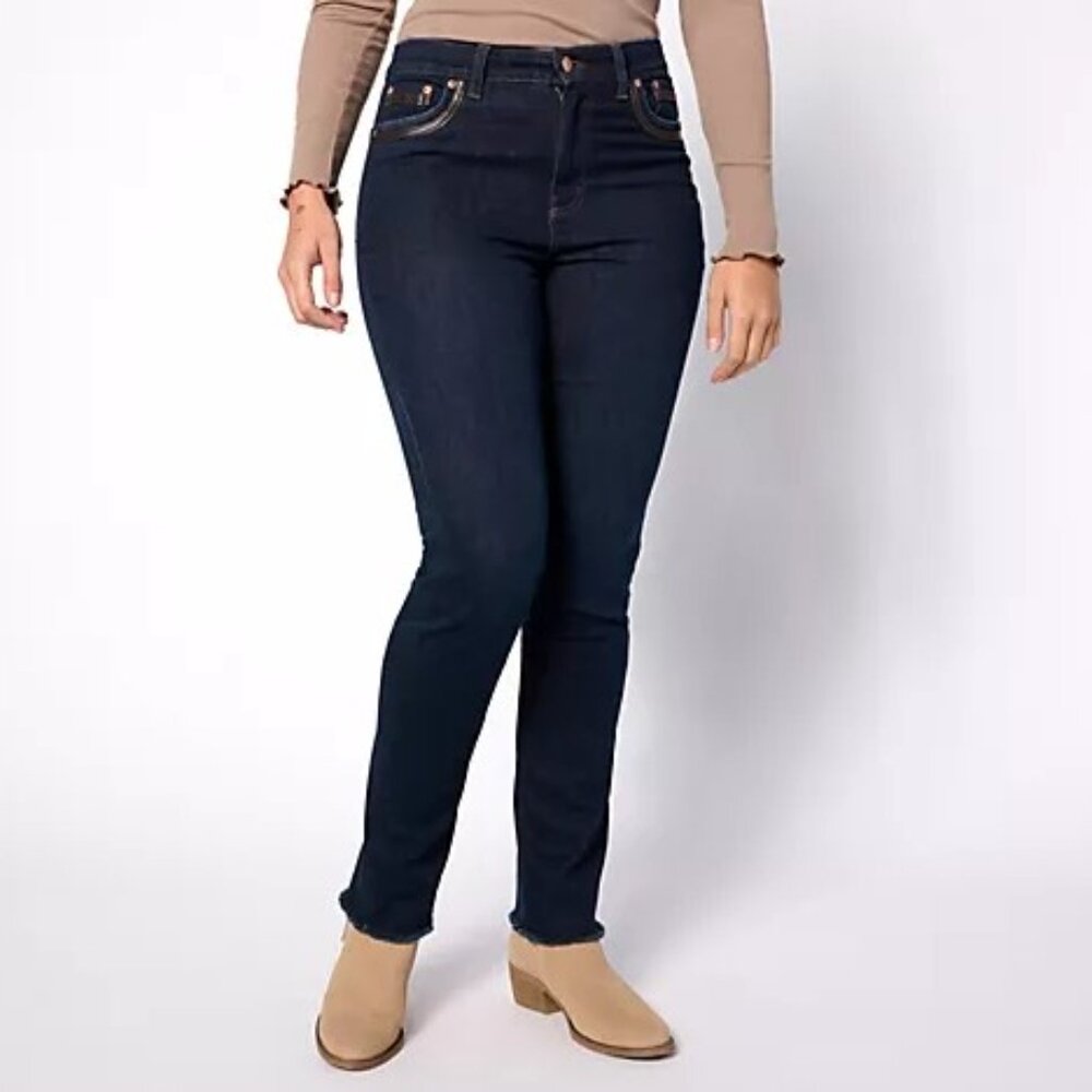 Denim & Co. Canyon Retreat Faux Leather Detail Straight Leg Jean-Dark Wash-Reg 6